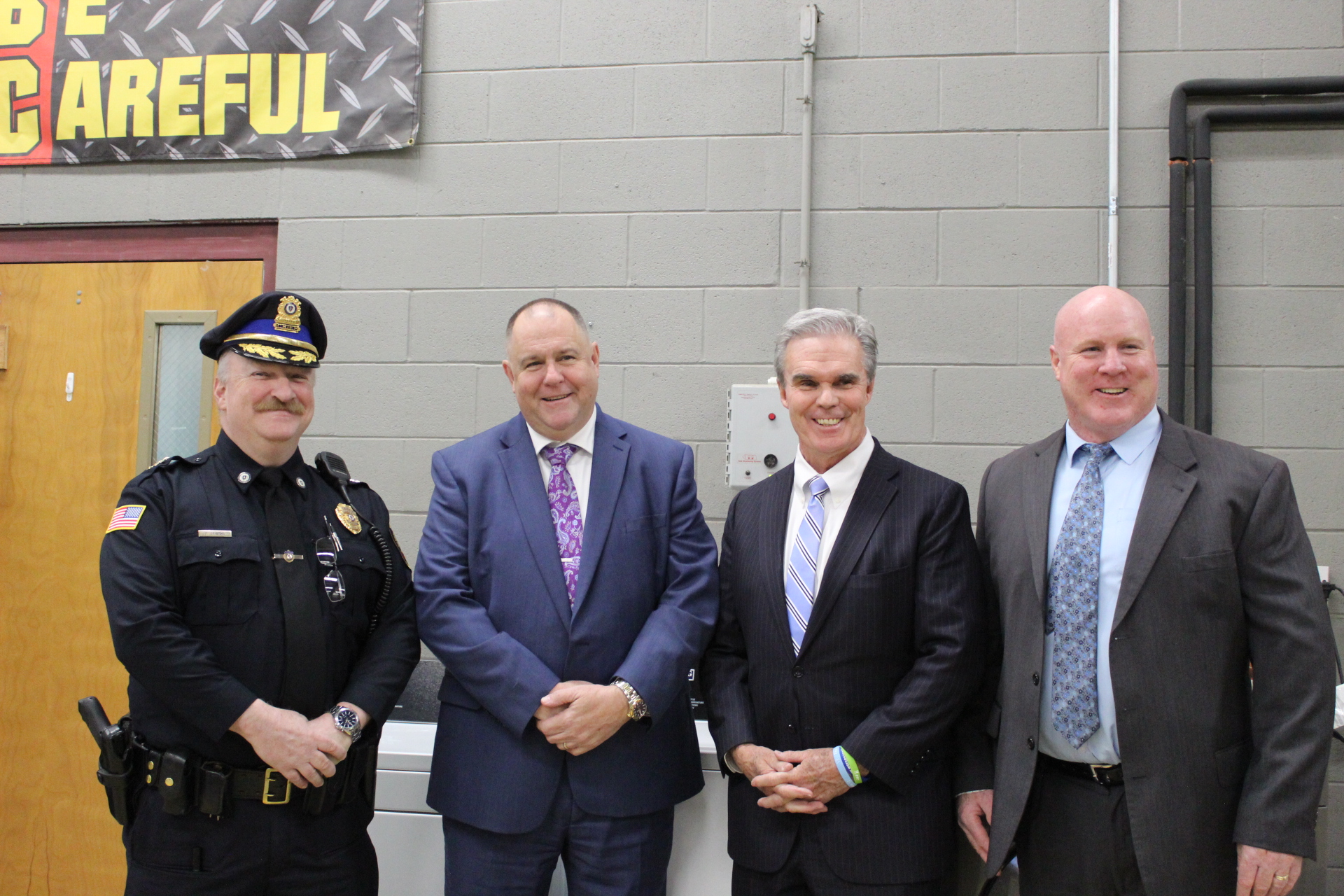 (from left) Oakham Police Chief Frederick Gehring, Colonel John Mawn Jr., Superintendent of the Massachusetts State Police, District Attorney Joseph D. Early, Jr., Massachusetts State Police Capt. Keith Egan.