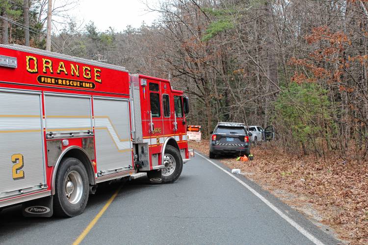 First responders parked around a truck that crashed into a tree on Tully Road Thursday morning.  (Courtesy Photo: Chris Larabee/The Recorder)