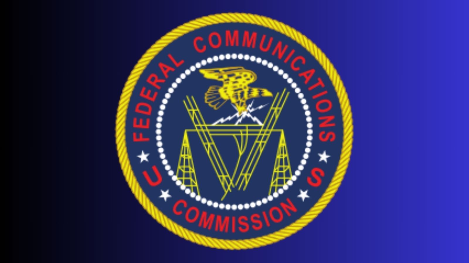 The Federal Communications Commission's emblem in front of a black to grey horizonal gradient