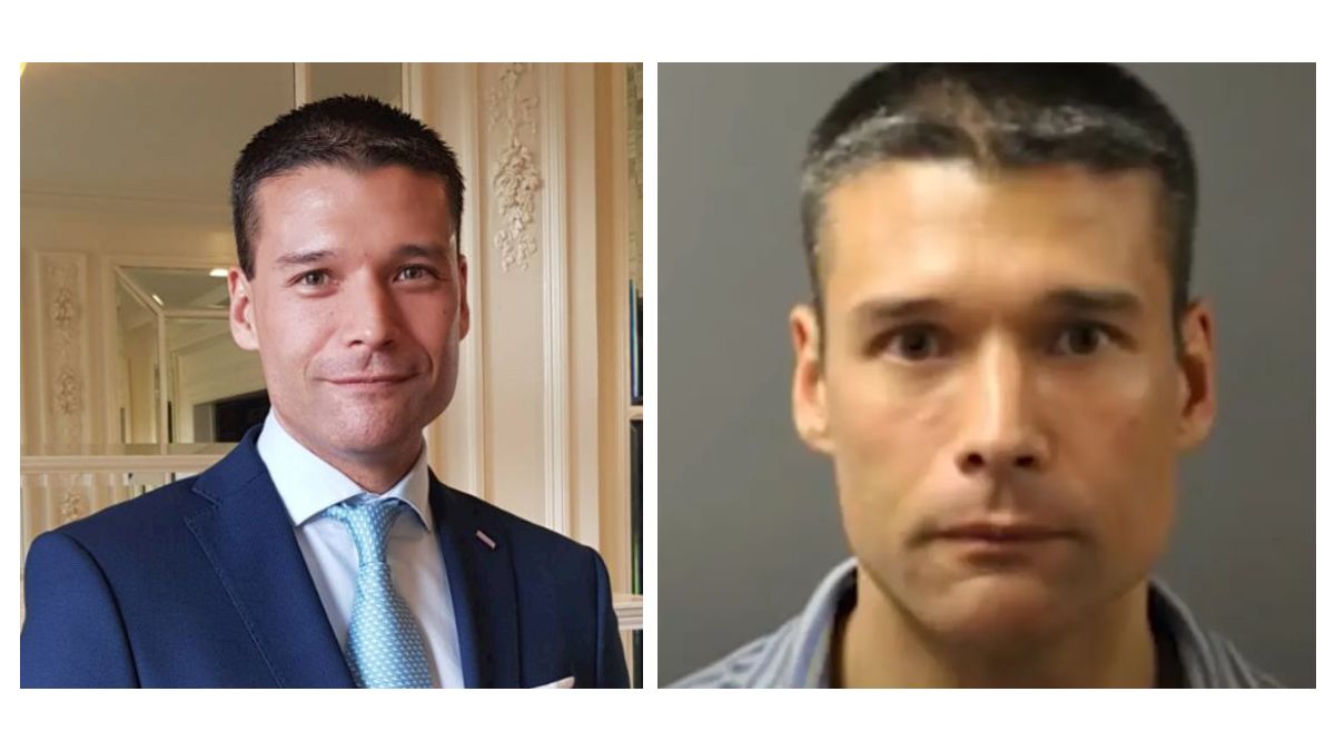 Robert Kawada's LinkedIn profile picture of him ina blue suit (left) and his mugshot (right)