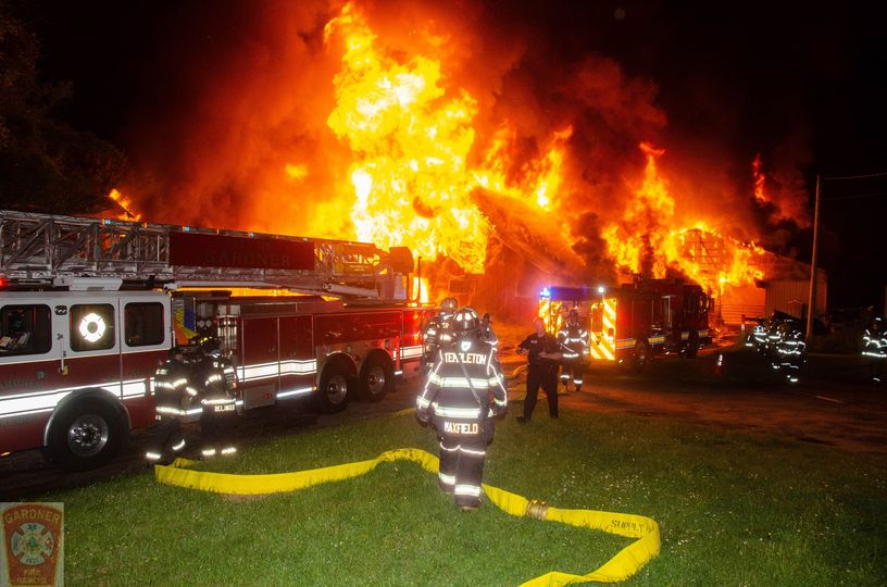 A fire truck with Templeton firefighters at the scene of the fire at Liberty-Belle Stables Thursday night. (Courtesy Photo: Gardner Fire Department)