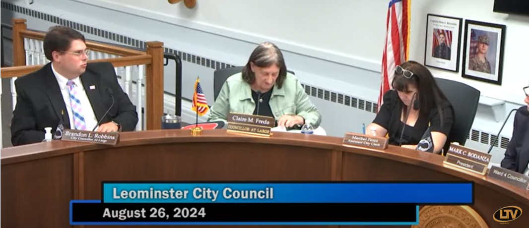 A picture of Leominster City Councilor At Large Claire Freda during the Aug. 26, 2024 meeting asking for Mayor Dean Mazzarella to address the absence of Police Chief Aaron Kennedy at the August 26, 2024, city council meeting. (Video Credit: Leominster Access Television)