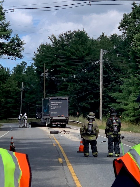 Fire crews on scene with the CNG powered Amazon delivery truck involved in an accident in Winchendon on Aug. 28, 2024. (Photo Credit: Winchendon Fire Department)