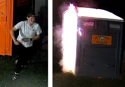 This image has two side by side screenshots from the surveillance footage. The one on the left is the suspect running from the porta potty and the second picture on the right is the porta potty on fire. (Photo Credit: Dracut police and fire departments)