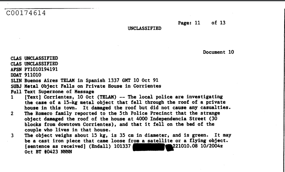 This is a picture of the document released by the CIA the details the incident in Argentina in 1991