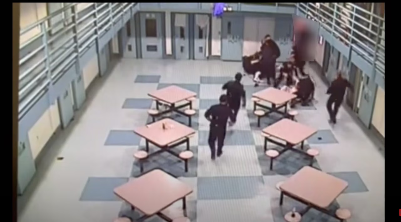A screenshot of surveillance footage of the fight at the Souza-Baranowski Correctional Center on Sept. 18, 2024, where five correctional officers were injured, at least two stabbed. (Photo Credit: Massachusetts Department of Correction)