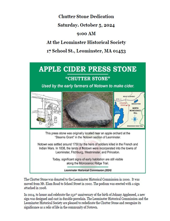 A flyer advertising the chutter stone ceremony from the Leominster Historical Commission.