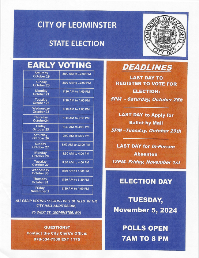 A flyer with the early voting schedule for the state election in Leominster MA. (Photo Credit: City of Leominster)
