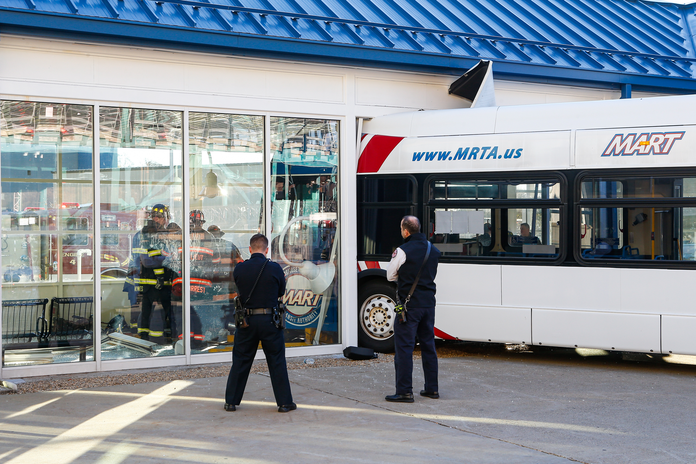 The MART bus that crashed through the glass paneling at the Fitchburg bus station this morning. (Photo Credit: Gary Fournier)