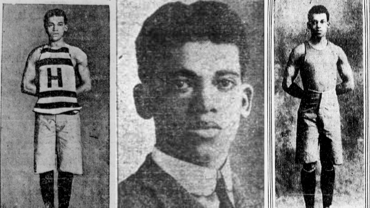 Three photos of Bucky Lew side by side. The first is a full length in a uniform, the second is a headshot and the third is another full length uniform photo from a different team he was on.