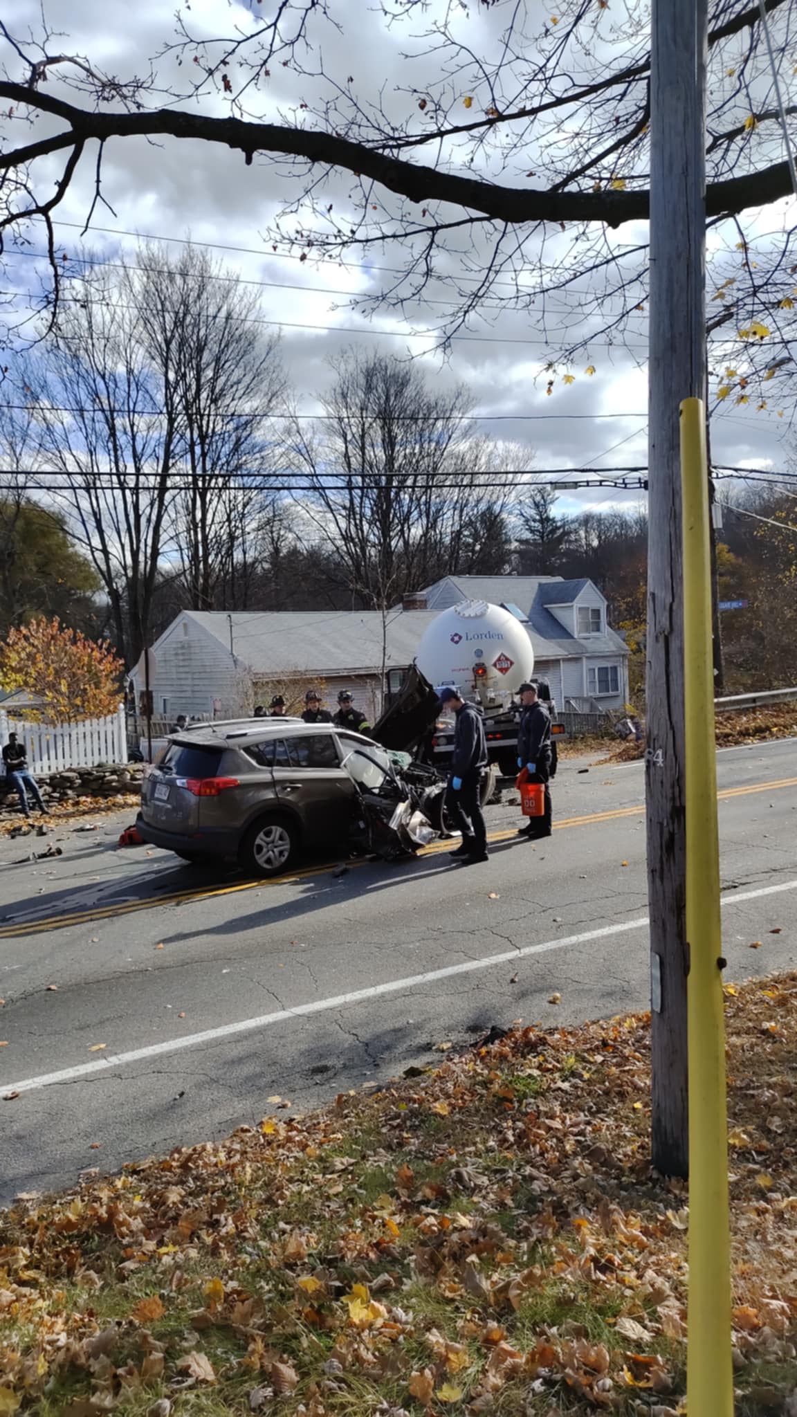 A view of traffic congestion in Leominster, MA, with vehicles backed up and emergency responders on site after a gas truck accident at the intersection of Legate Hill Road and Central Street. Photo by Domenic Ciccone.