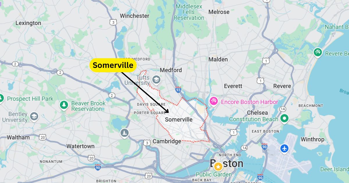 A map of the state of Massachusetts with the territory of Somerville outlines and higlighted