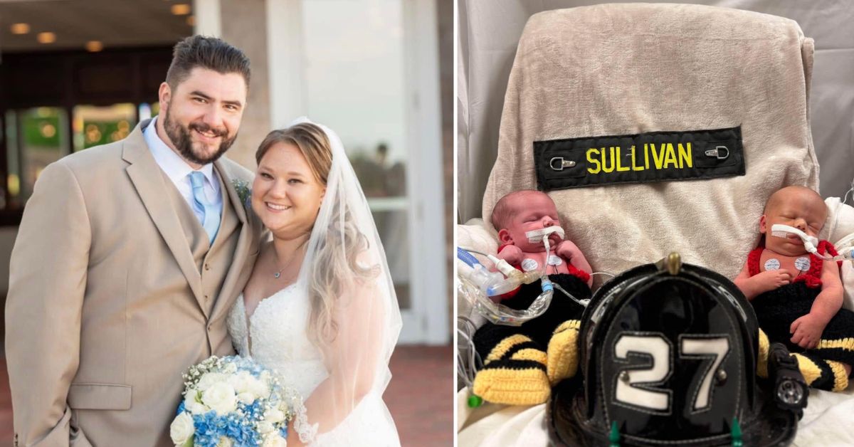 A collage of two images. On the left, a bride and groom smiling on their wedding day, the bride holding a bouquet of blue and white flowers. On the right, twin newborns wearing red and white outfits and breathing masks, lying on a blanket labeled "SULLIVAN" with a firefighter's helmet numbered 27 in the foreground.