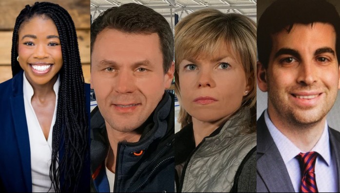 A composite image featuring four individuals side by side against different backgrounds. From left to right: a smiling Black woman with long braids, wearing a navy blazer over a white top against a wooden backdrop; a Caucasian man with dark hair and a light jacket, smiling slightly in an ice skating rink; a Caucasian woman with short blonde hair and a serious expression, wearing a grey vest over a black top in a similar rink setting; and a Caucasian man with dark hair, wearing a grey suit and a striped tie, with a formal portrait backdrop.