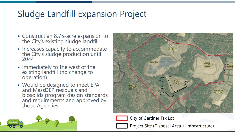 Presentation slide titled "Sludge Landfill Expansion Project" with a bulleted list describing an 8.75-acre expansion of Gardner's sludge landfill. The slide includes a satellite map with outlined areas showing the city tax lot and the project site for disposal and infrastructure.