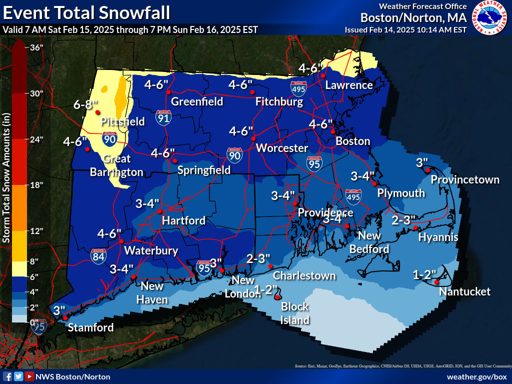 FITCHBURG — The National Weather Service's Boston/Norton office has issued a winter storm watch for portions of central, eastern, northeastern, and western Massachusetts, as well as northern Connecticut, from 1 p.m. Saturday, February 15, through 7 p.m. Sunday, February 16. The storm is forecasted to bring a mix of heavy precipitation, with about 4 to 7 inches of snow and sleet, along with ice accumulations ranging from a light glaze to a few tenths of an inch. The advisory covers cities and towns across Franklin, Worcester, Middlesex, Essex, Hampshire, and Hampden counties, including Fitchburg, Worcester, Springfield, Northampton, Amherst, Lowell, Ayer, Framingham, Milford, Barre, and Greenfield. (Courtesy: NWS Boston) Snow is expected to begin Saturday afternoon and become heavier overnight. By Sunday, it will shift to a mix of sleet, freezing rain, and rain. "Travel could be very difficult," the National Weather Service cautioned. In addition to the winter storm watch, a wind advisory remains in effect until 4 p.m. Friday, February 14, for much of the region, including areas near and northwest of I-95. Winds are expected to range from 15 to 30 mph, with gusts as high as 50 to 55 mph in higher elevations. Strong winds could knock down tree limbs, cause scattered power outages, and make travel hazardous, especially for high-profile vehicles.