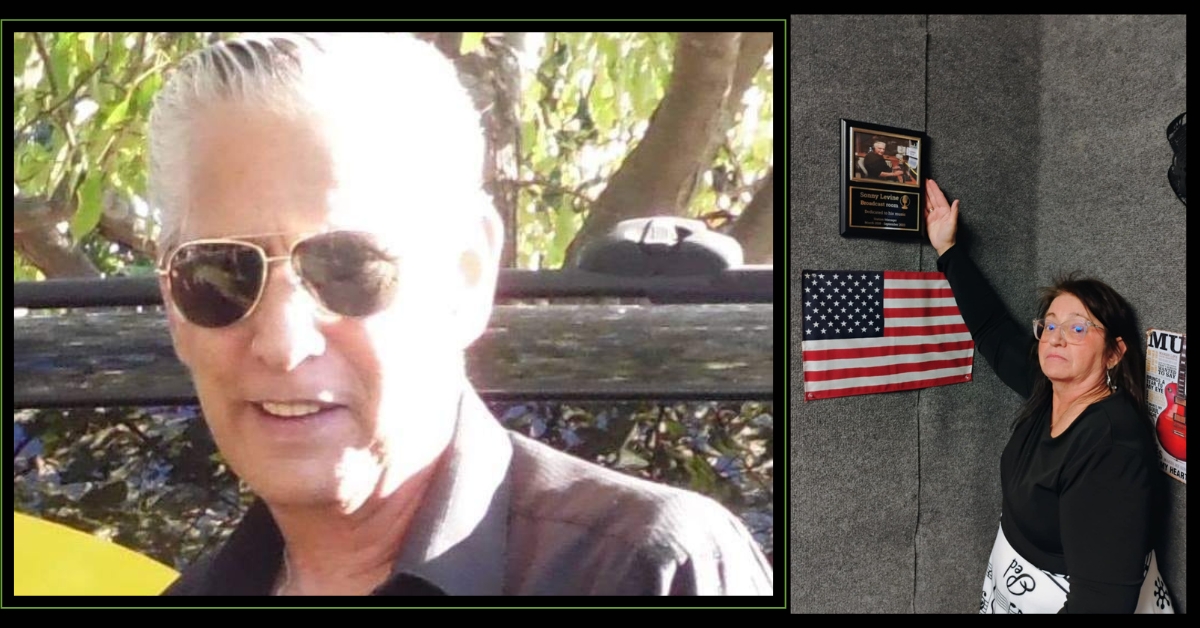 A split image featuring two individuals. On the left, Sonny Levine, an elderly man with white hair and sunglasses, smiling in an outdoor setting. On the right, Diane Sutton, a middle-aged woman with glasses, touching a memorial plaque next to an American flag, with a serious expression on her face.