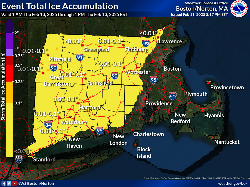 Map showing the event total ice accumulation forecast across Massachusetts and surrounding areas, from the NWS Boston/Norton. The map highlights regions with varying ice thickness from less than 0.01 inches to 1 inch, marked in shades from yellow to purple. Key cities such as Worcester, Springfield, Boston, and Hartford are noted, with major highways like I-90 and I-95 traced in red.