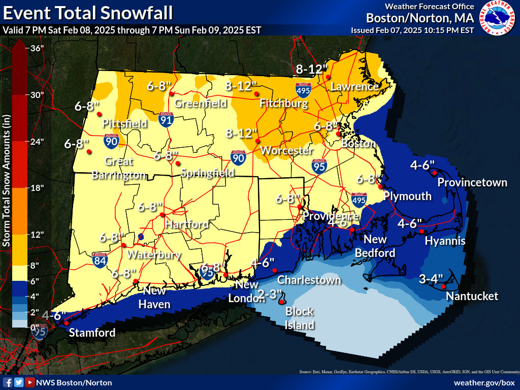 Map showing projected snowfall totals for a winter storm in Massachusetts from the evening of February 8, 2025, to the evening of February 9, 2025. The map highlights varying snowfall amounts across different regions, with the highest totals of 8-12 inches indicated in bright yellow areas covering Greenfield, Lawrence, and parts of northeastern Massachusetts. Areas like Worcester, Boston, and Fitchburg expect 6-8 inches, shown in orange. Lower totals of 3-4 inches are forecasted for Nantucket, represented in light blue. Major roads such as Interstate 90 and 95 are marked, aiding in geographical orientation.