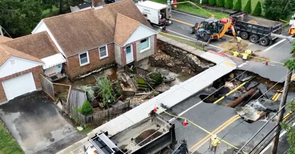 Aerial view of a flood-damaged brick home in Leominster with a collapsed road in front. Construction crews and equipment are on scene, and large holes expose pipes and eroded ground near the house. Yellow tape and traffic cones mark off the disaster area.