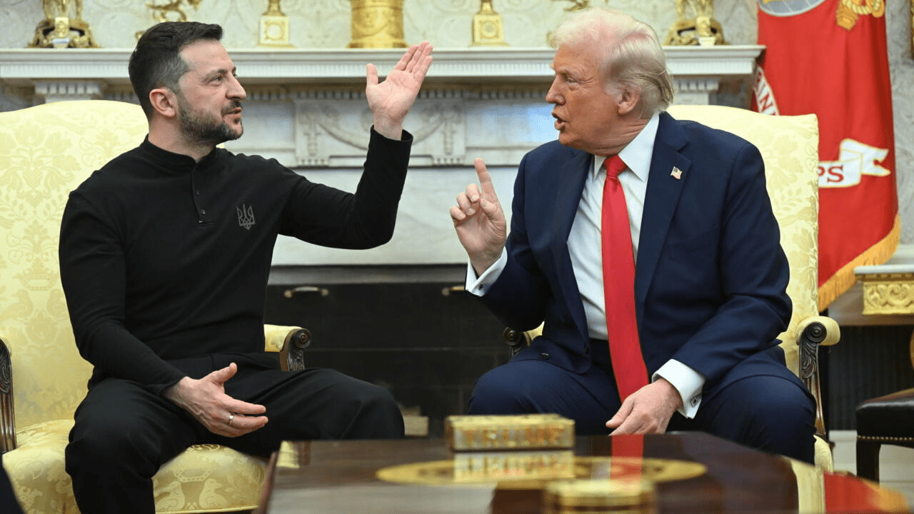 Ukrainian President Volodymyr Zelenskyy and former U.S. President Donald Trump seated in the White House, gesturing intensely during a discussion.