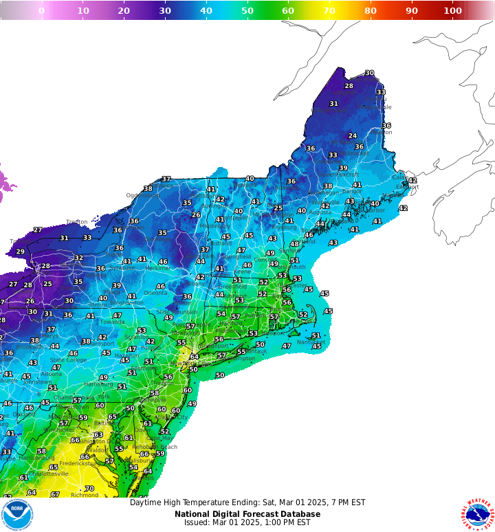 **Alt Text:** A color-coded weather map from the National Digital Forecast Database displaying daytime high temperatures across the Northeastern United States for Saturday, March 1, 2025, ending at 7 PM EST. Temperatures range from the upper 20s in northern Maine and western New York to the upper 50s and low 60s in southern New Jersey and parts of the Mid-Atlantic. Cooler temperatures, indicated in shades of blue and purple, dominate the northern regions, while warmer temperatures, shown in green and yellow, are concentrated in the southern areas. The map includes numerical temperature values for various locations and was issued by NOAA at 1 PM EST on March 1, 2025.