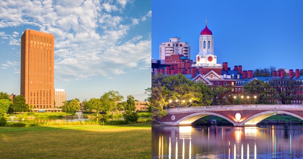 Composite image showing the W.E.B. Du Bois Library at UMass Amherst on the left, and Harvard University’s Charles River-facing buildings and bridge on the right.