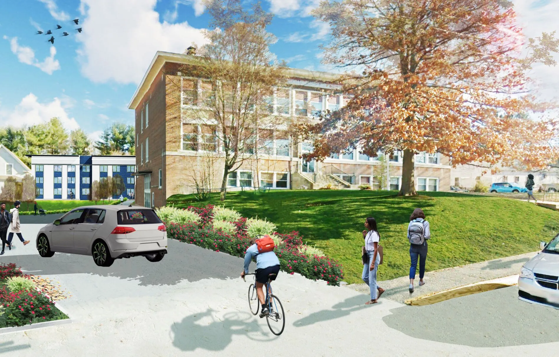 Architectural rendering of the Baldwinville School Apartments showing people walking and biking in front of a renovated school building, surrounded by green space and modern additions.