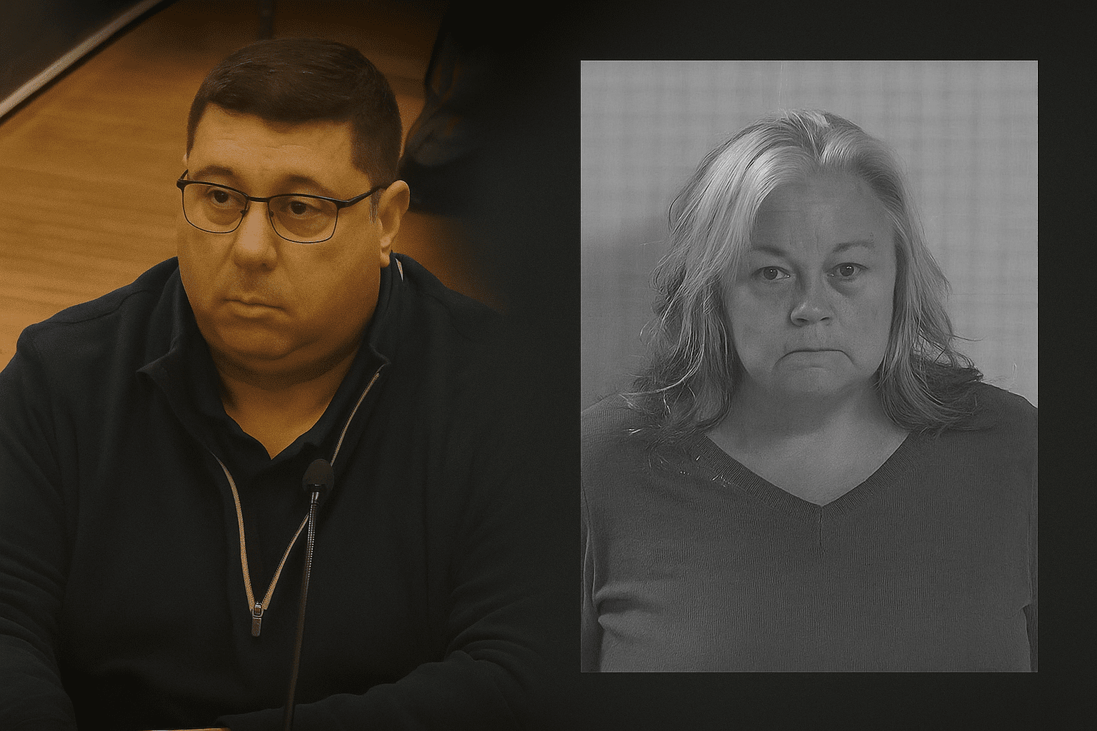 A dark-themed composite image featuring Orange Police Chief James Sullivan seated at a meeting on the left and a black-and-white mugshot of Jennifer Grasmick on the right.