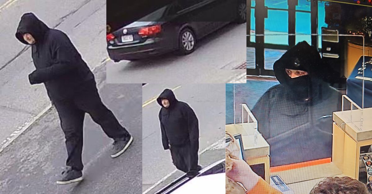 Collage of surveillance images from the April 15, 2025, Leominster credit union robbery, including a masked suspect inside the bank, the same individual walking outside in black clothing, and a dark-colored sedan believed to be the suspect’s vehicle.