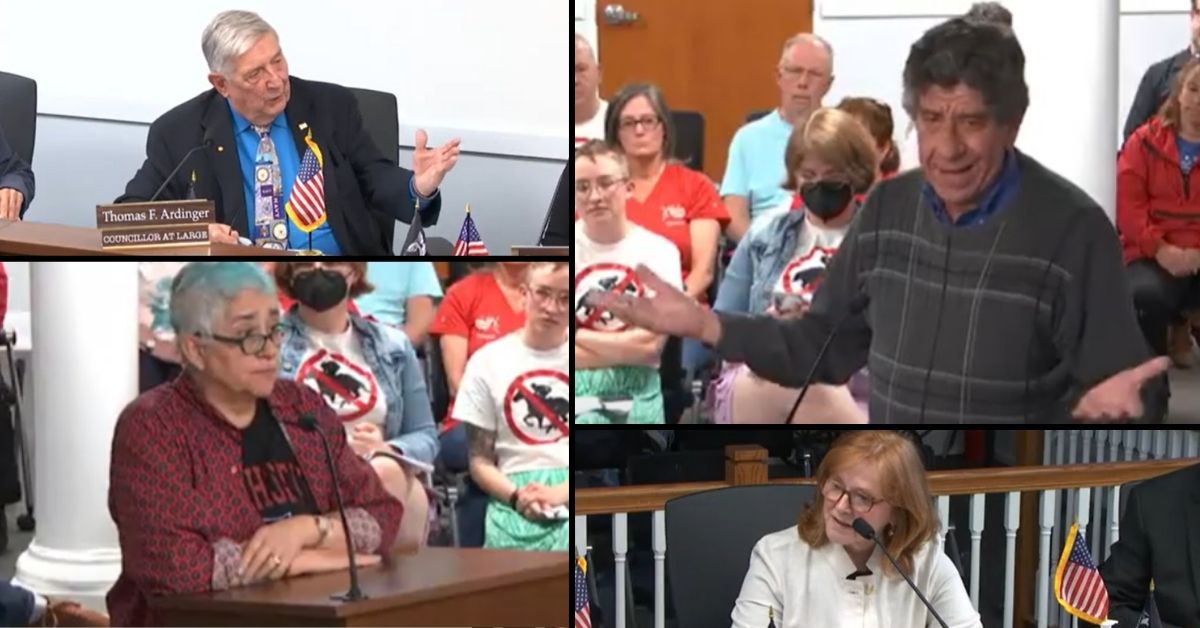 A collage of four images from the May 12, 2025, Leominster City Council meeting. Top left: Councilor Thomas F. Ardinger gestures while speaking from the dais. Top right: A man testifies at the podium with a concerned expression, while audience members behind him wear red shirts with a horse racing ban symbol. Bottom left: A woman wearing glasses and a patterned red shirt speaks at the podium in front of similarly dressed attendees. Bottom right: Council President Susan Chalifoux Zephir listens attentively with a small American flag in view.