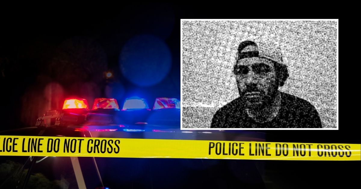 A police vehicle with flashing red and blue lights is seen behind yellow "Police Line Do Not Cross" tape at night. An inset in the upper right corner shows a grainy mugshot of Shadey Tamayo wearing a backward baseball cap.