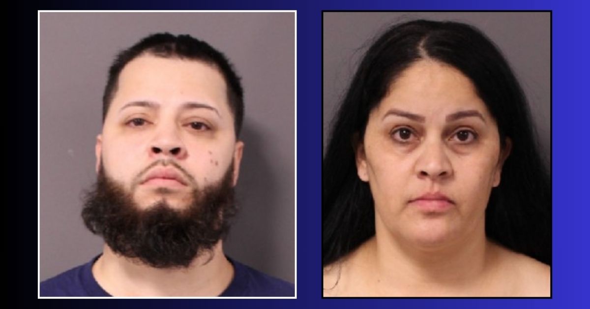 Side-by-side mugshots of Jobanny Matias-Burgos and Awilda Burgos on a dark background, featured in connection with a drug and firearms raid in Leominster.