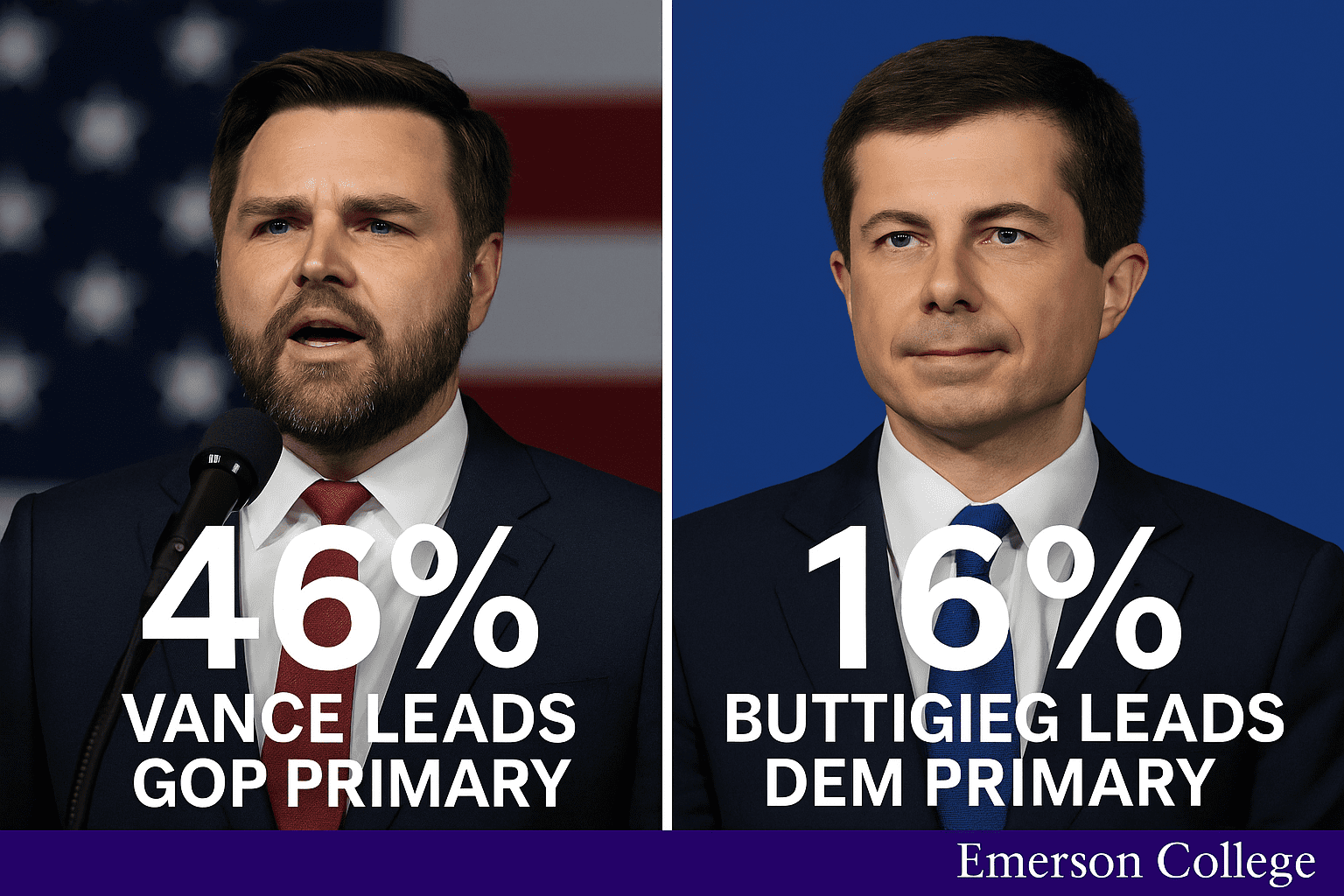 Split-screen graphic featuring JD Vance on the left speaking into a microphone with an American flag background, and Pete Buttigieg on the right against a solid blue backdrop. Large text below Vance reads “46% Vance Leads GOP Primary,” while text below Buttigieg reads “16% Buttigieg Leads Dem Primary.” Emerson College logo appears in the lower-right corner.