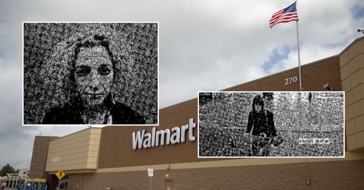 Composite photo featuring the front of the Leicester Walmart with an American flag, alongside two insets: a mugshot of Nicole Prizio and grainy surveillance footage of her pushing a cart with a boxed item inside.