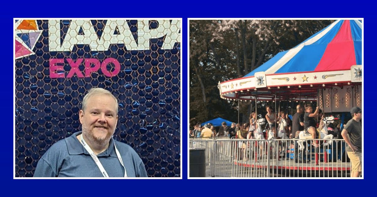 Side-by-side image showing Scott Lanciani at the IAAPA Expo on the left, and a colorful carousel with families riding during Whalom Weekend on the right.