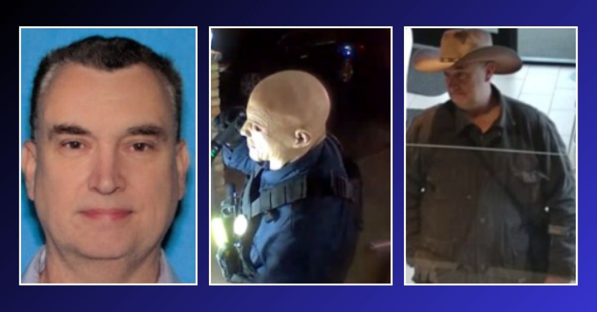 Three side-by-side images of Vance Luther Boelter. The first is a headshot with a blue background. The second shows Boelter in tactical gear wearing a bald disguise mask and holding a flashlight. The third shows him wearing a wide-brimmed cowboy hat and dark jacket inside a building.