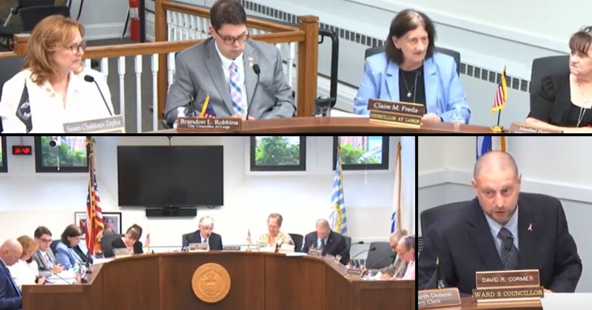Composite image from the June 23, 2025 Leominster City Council meeting showing Councilors Susan Chalifoux-Zephir, Brandon Robbins, Claire Freda, and David Cormier seated at the dais during discussions on city spending and zoning proposals.