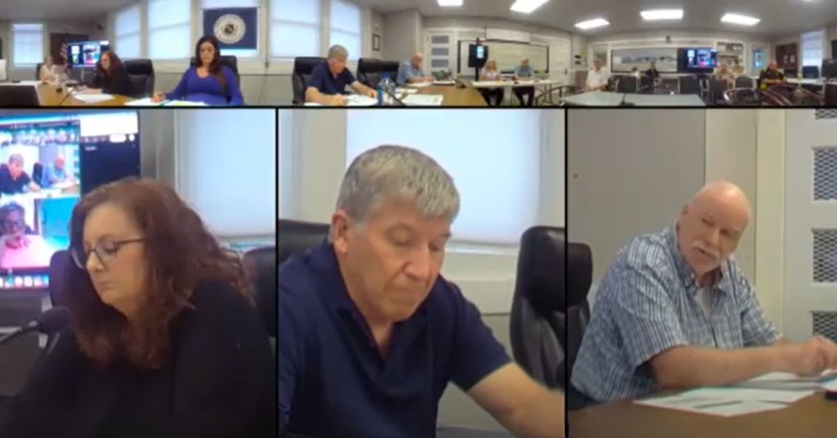 Templeton Select Board members seated in a meeting room, some participating in person and others via video conference, during the June 25, 2025, hybrid meeting.