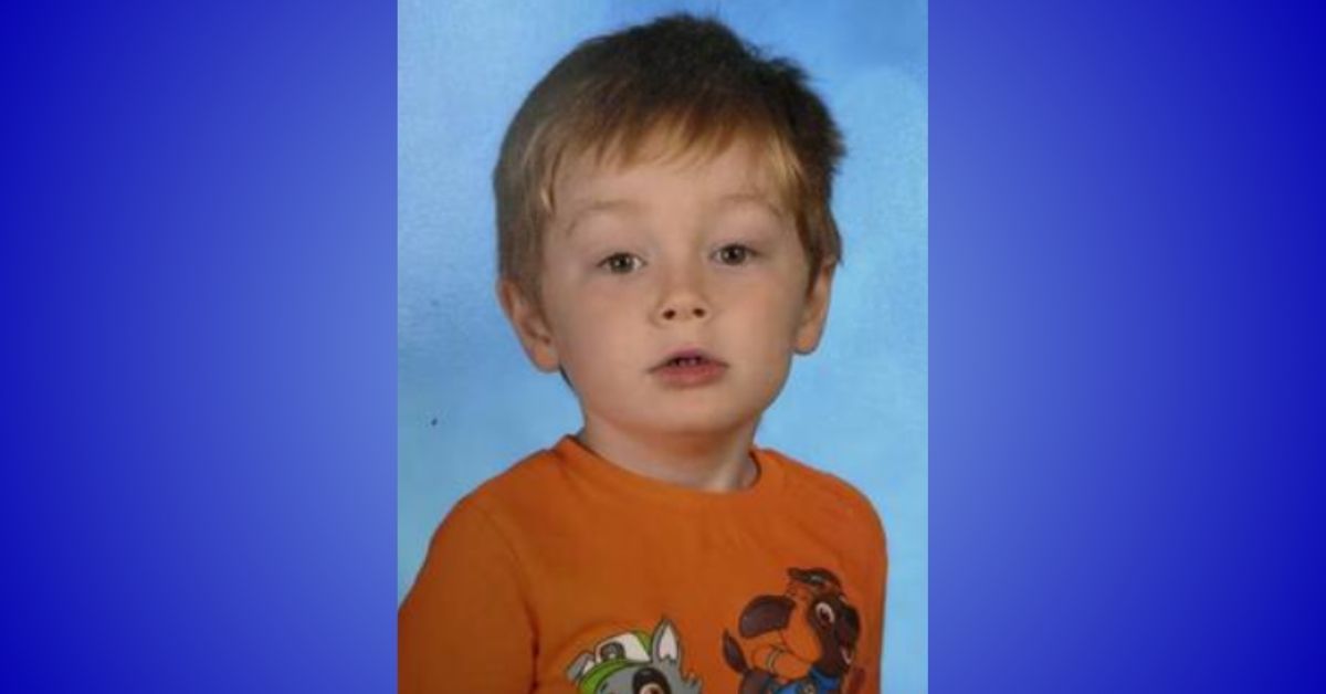 A young boy with light brown hair wearing an orange shirt featuring Paw Patrol characters looks slightly past the camera. The background is a gradient of blue.