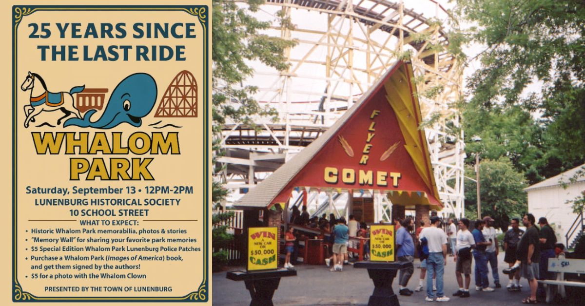 Event flyer (left) promotes Lunenburg’s Sept. 13, 2025 remembrance of Whalom Park’s closing, while the photo (right) shows visitors at the entrance to the Flyer Comet in July 2000. (Flyer courtesy of the Town of Lunenburg; photo by Redfive05, CC BY-SA 3.0, via Wikimedia Commons)
