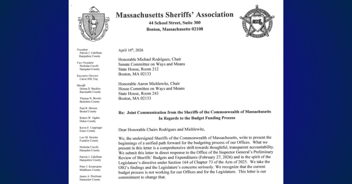 Massachusetts sheriffs send letter to State House seeking budget overhaul after inspector general’s review